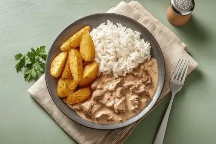 Strogonoff de Carne com Batata Assada e Arroz Branco