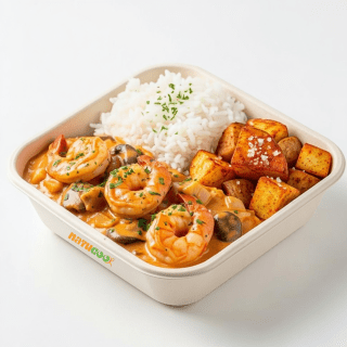 Strogonoff de Camarão, Acompanhado de Arroz e Batata com Páprica