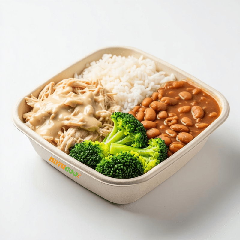 Frango Cremoso, Arroz, Feijão e Brócolis no Vapor
