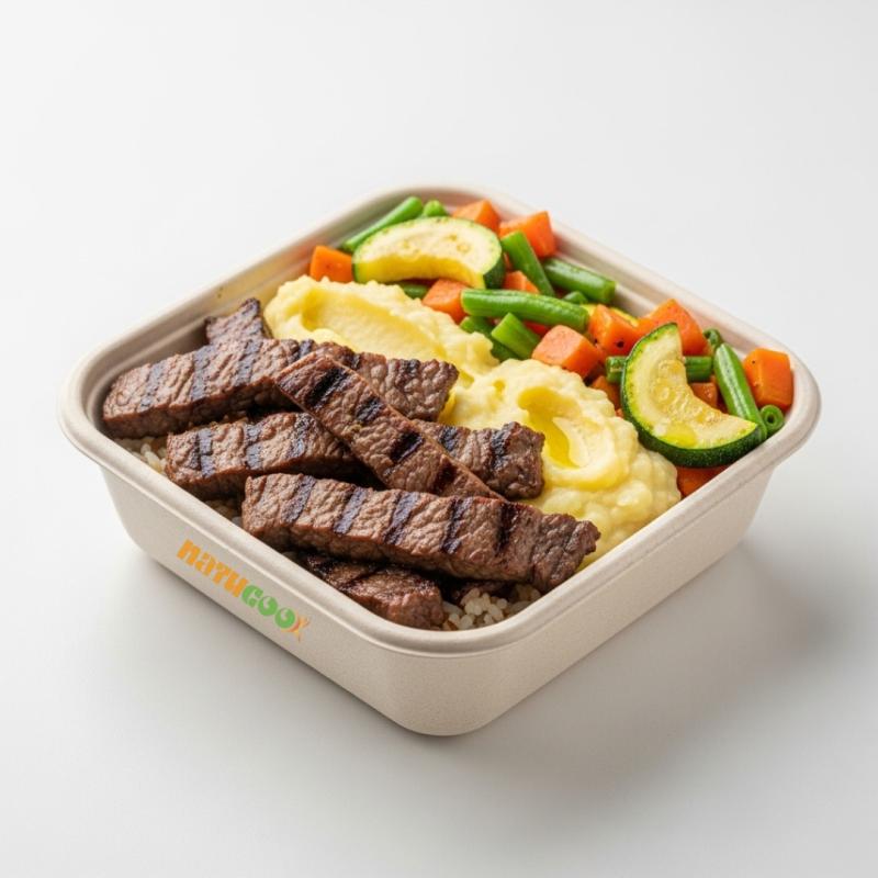 Iscas de patinho com purê de mandioquinha e mix de legumes refogado