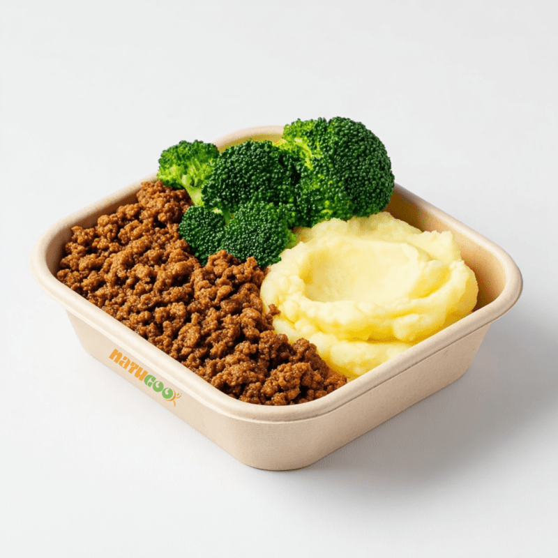 Carne moída de patinho acompanhado de purê de mandioquinha e brócolis sauté