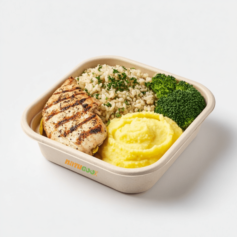 Filé de Frango, Arroz Integral com Brócolis e Purê de Batata Lavada Saboreie uma refeição equilibrada e cheia de sabor com nosso Filé de Frango, acompanhado de arroz integral com brócolis e um purê de