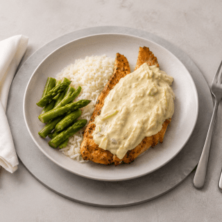 Frango com creme de alho-poró + arroz branco + aspargos