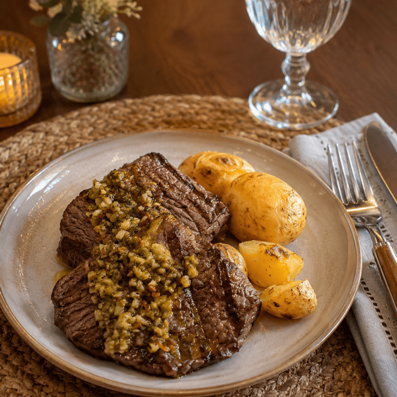Escalope de mignon ao chimichurri com batatas ao murro