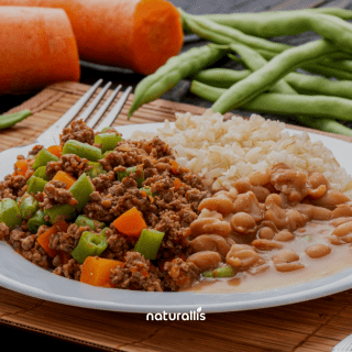 Patinho moído com cenoura e vagem + Arroz e feijão