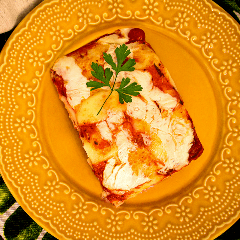 Lasanha de Palmito Pupunha com Blanquet de Peru Light e Mussarela